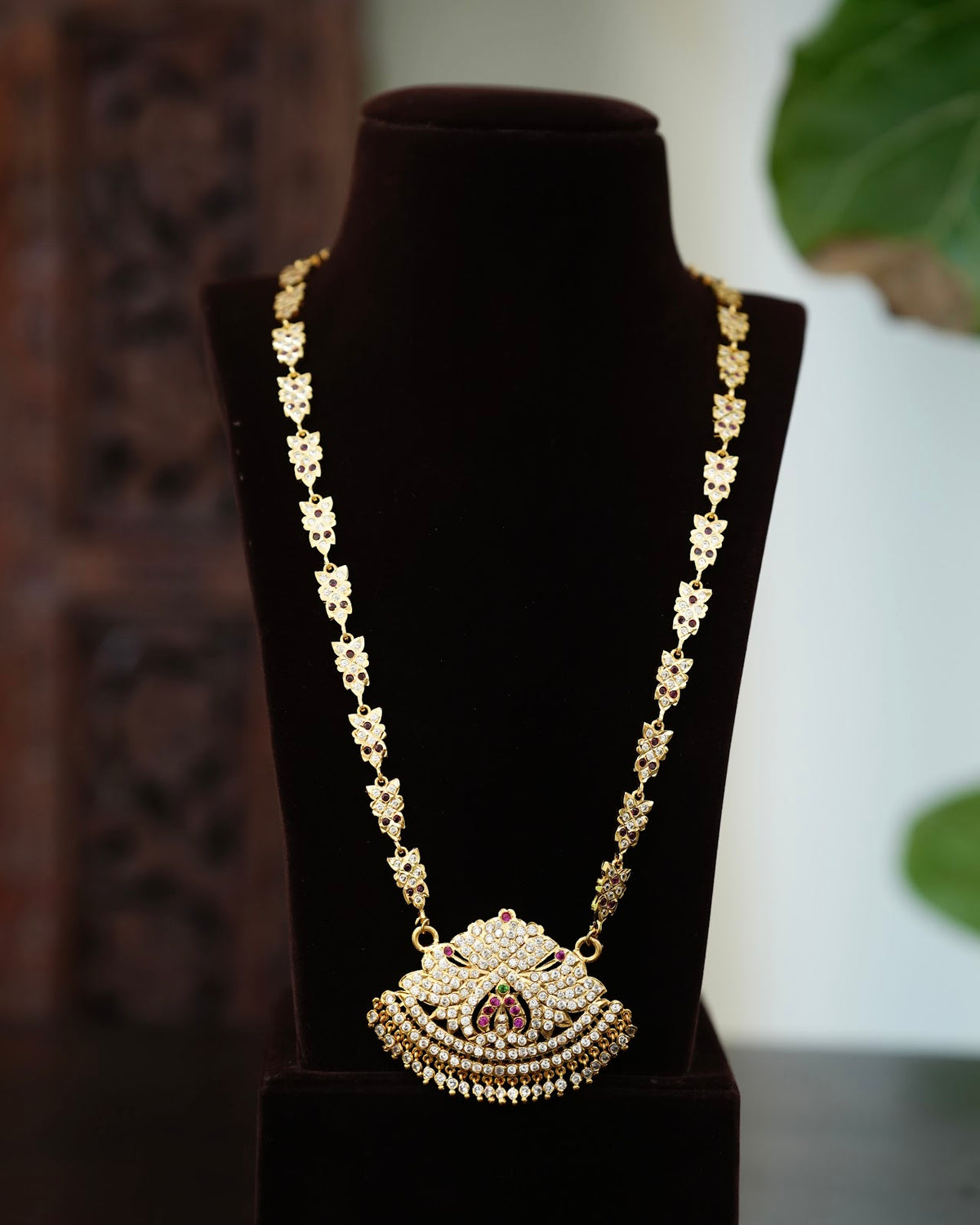 Vintage Impon Ruby & White Long Haram Necklace | Handmade Gold Tone | NC927