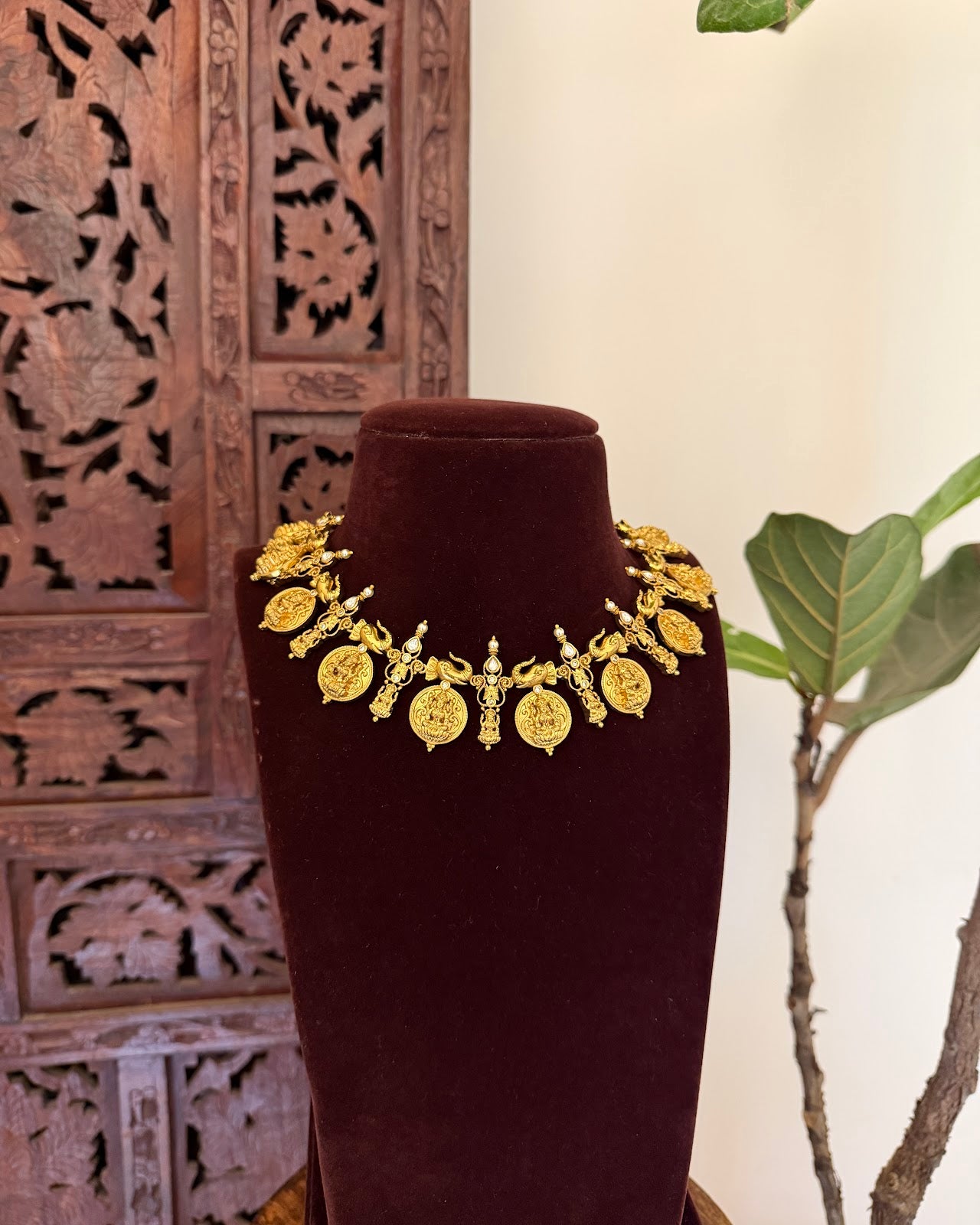 Antique Lakshmi Elephant Kaasu Necklace with Earrings | Handmade Gold Plated | NC737