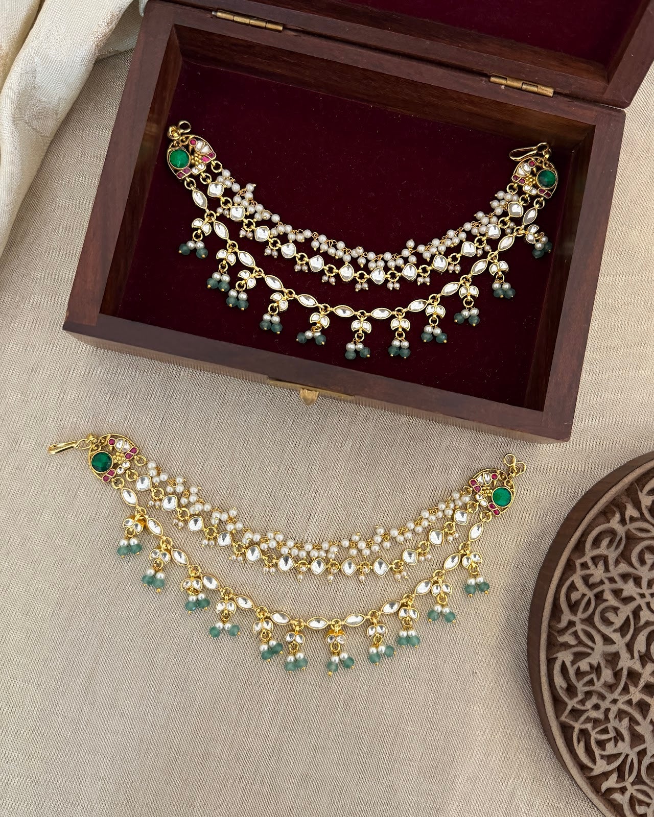 White Jadau Kundan Ear Chain with Pearl Strands | Handmade Gold Plated | EC241