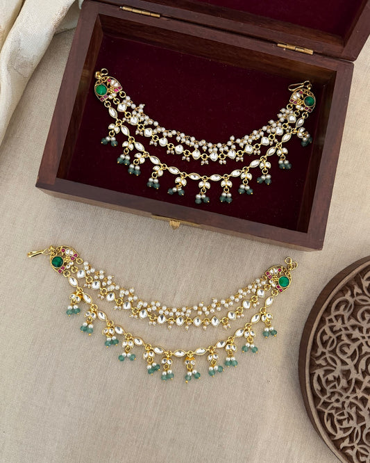 White Jadau Kundan Ear Chain with Pearl Strands | Handmade Gold Plated | EC241