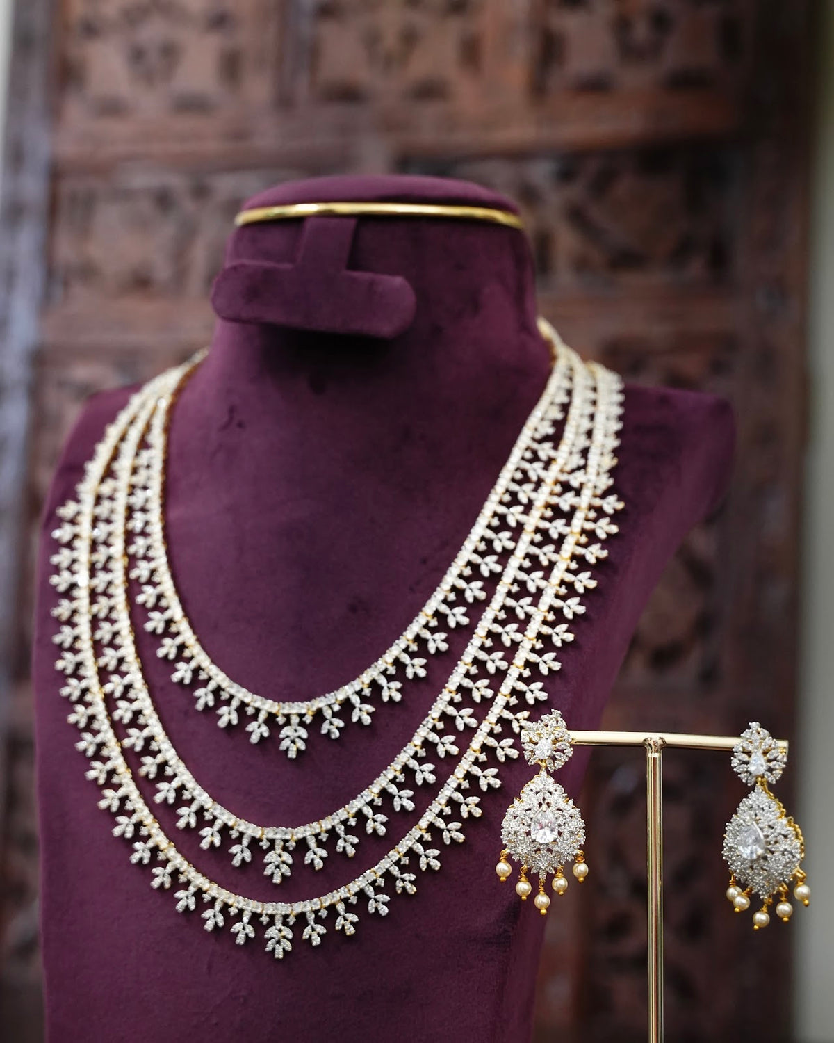 Three-Layer AD Stone Necklace Set with Matching Earrings | NC950