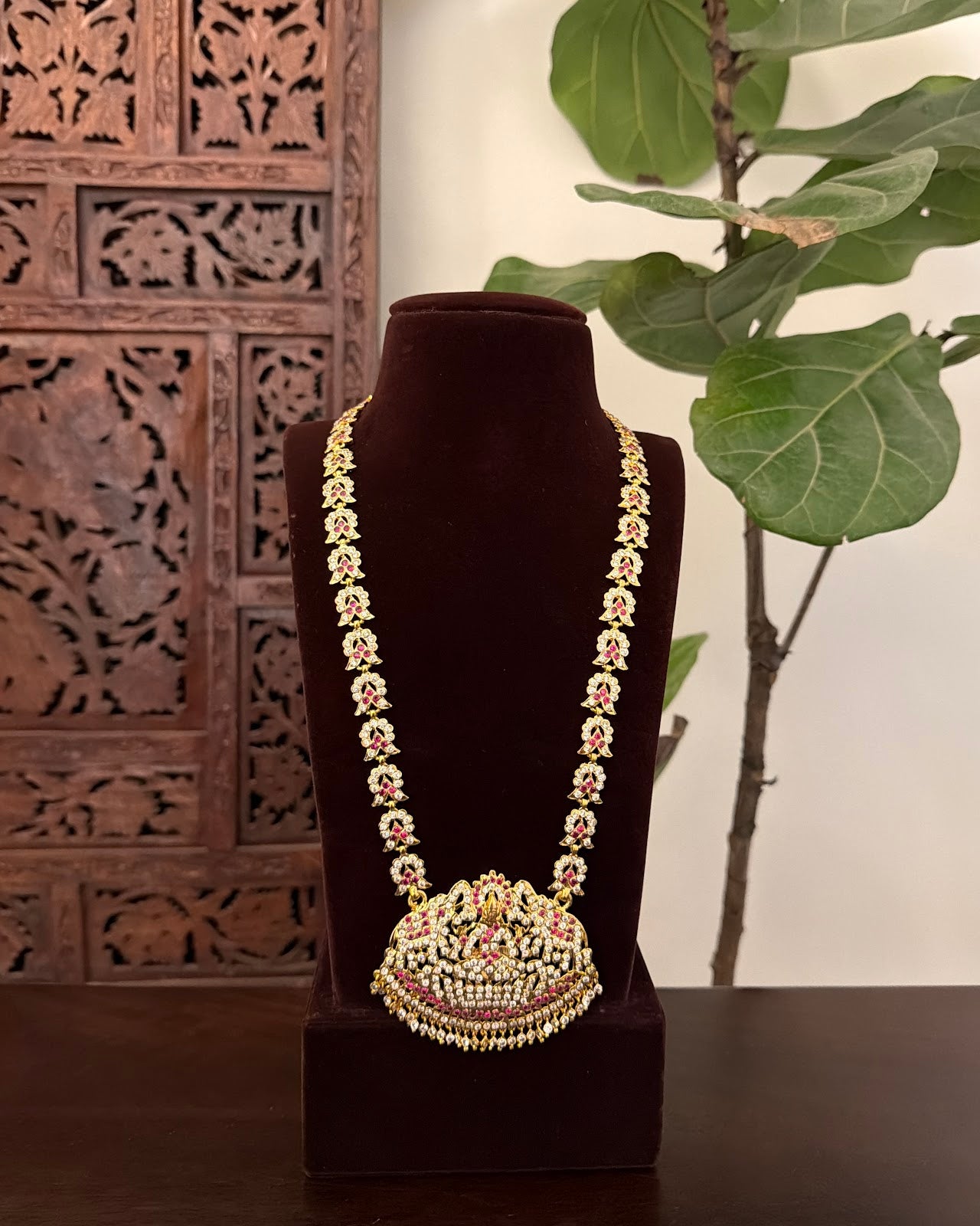 Vintage Impon Ruby & White Long Haram Necklace | Handmade Gold Tone | NC835