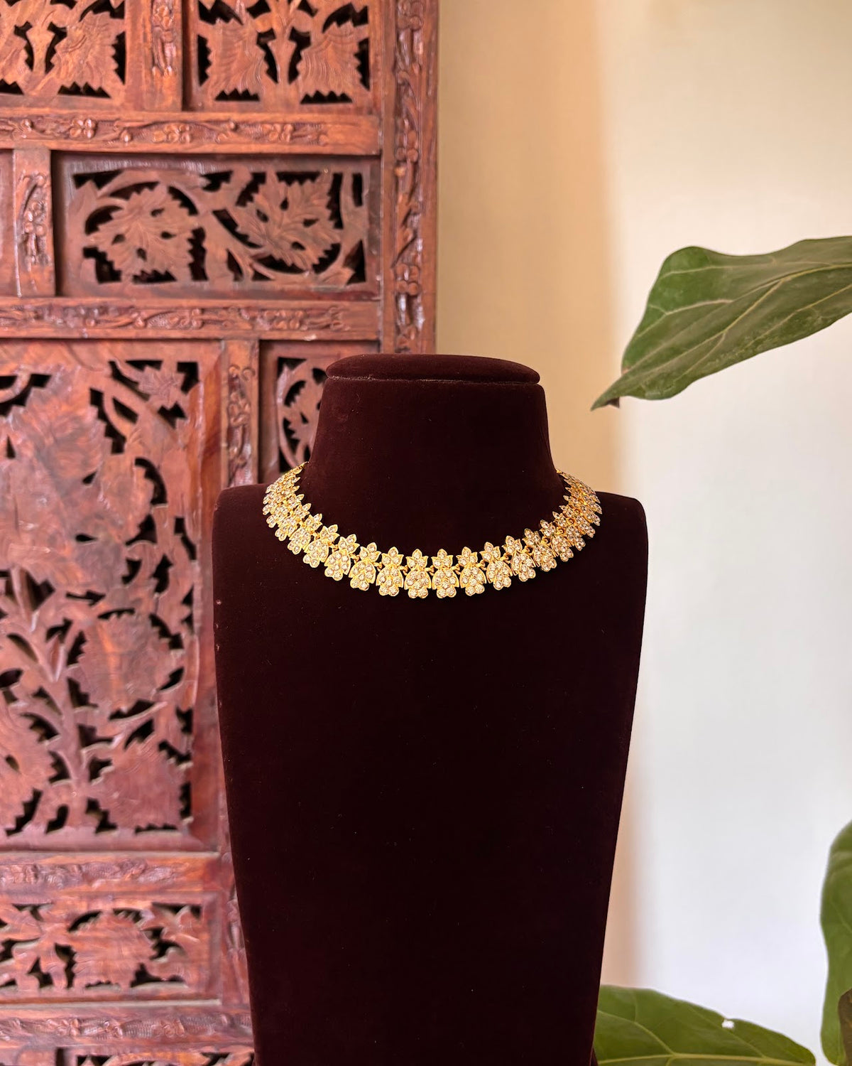 Vintage Floral Motif Impon Attigai Choker | Handmade Gold Tone | NC862