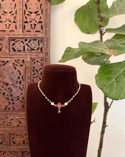 Floral Pearl Delicate Minimal Necklace | Ruby | Handmade Gold Plated | NC856