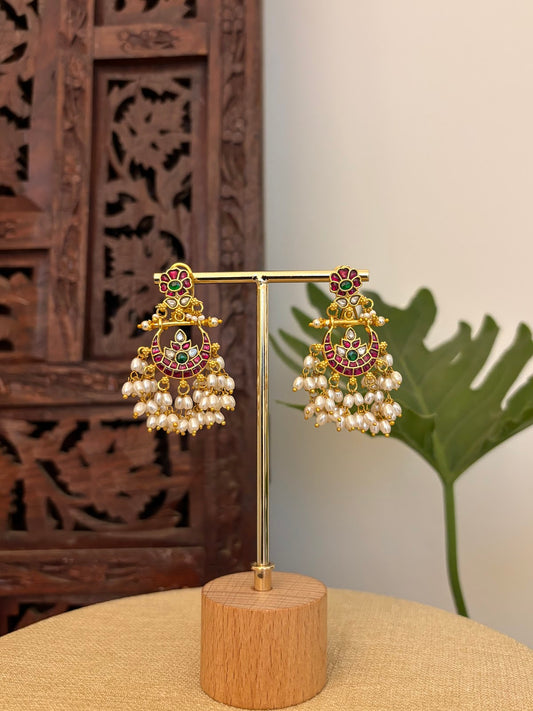 Floral Jadau Kundan Jhumkas With Pearl Hanging | Multicolour | Handmade Gold Plated | ER438