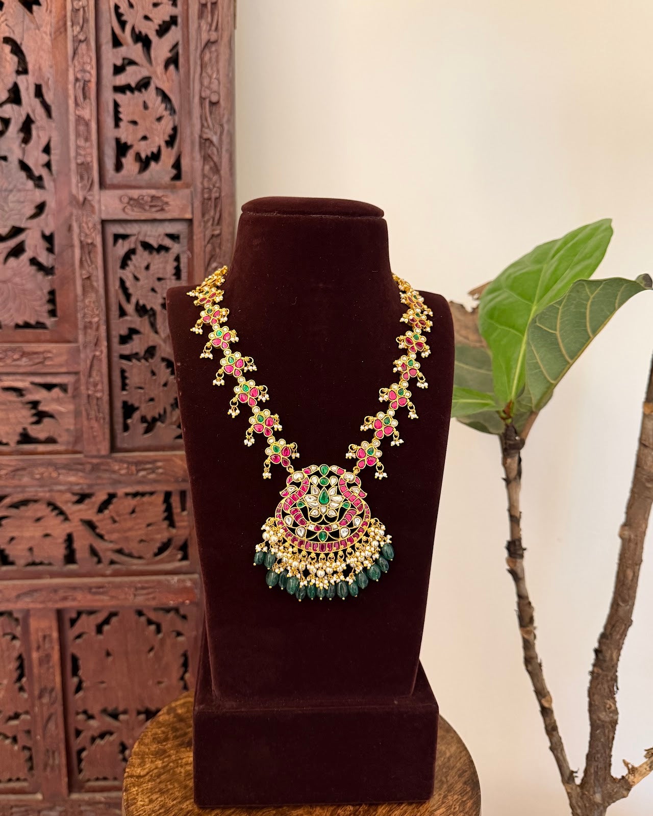Elegant Kundan Floral Necklace with Strawberry Beads | Handmade Gold Plated | NC777