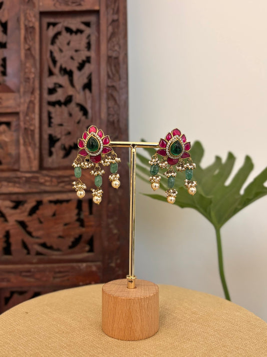Ruby Green Floral Kundan Studs | Handmade Gold Plated | ER421