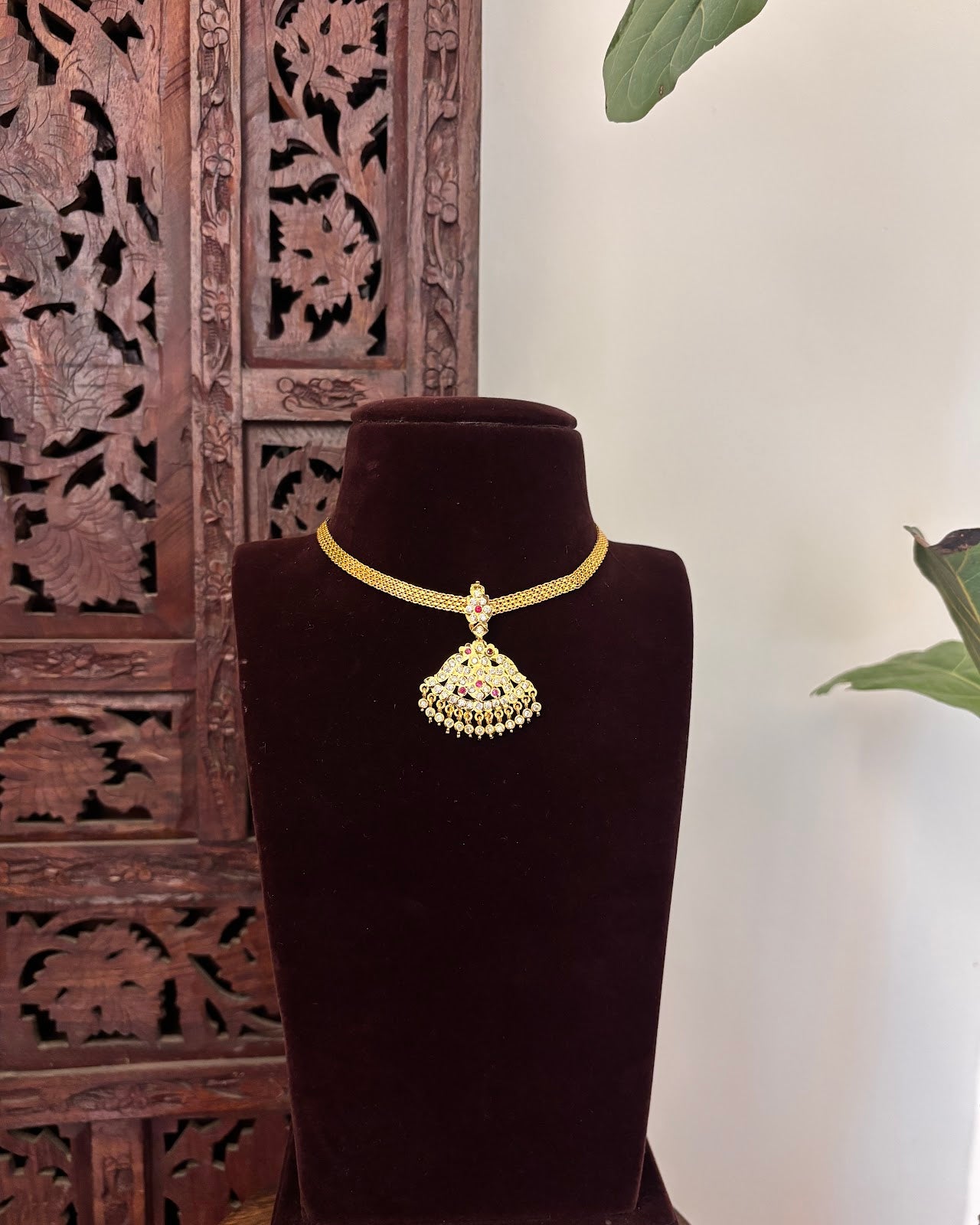 Vintage Impon Attigai Necklace – Ruby and White | Handmade Gold Tone | NC806