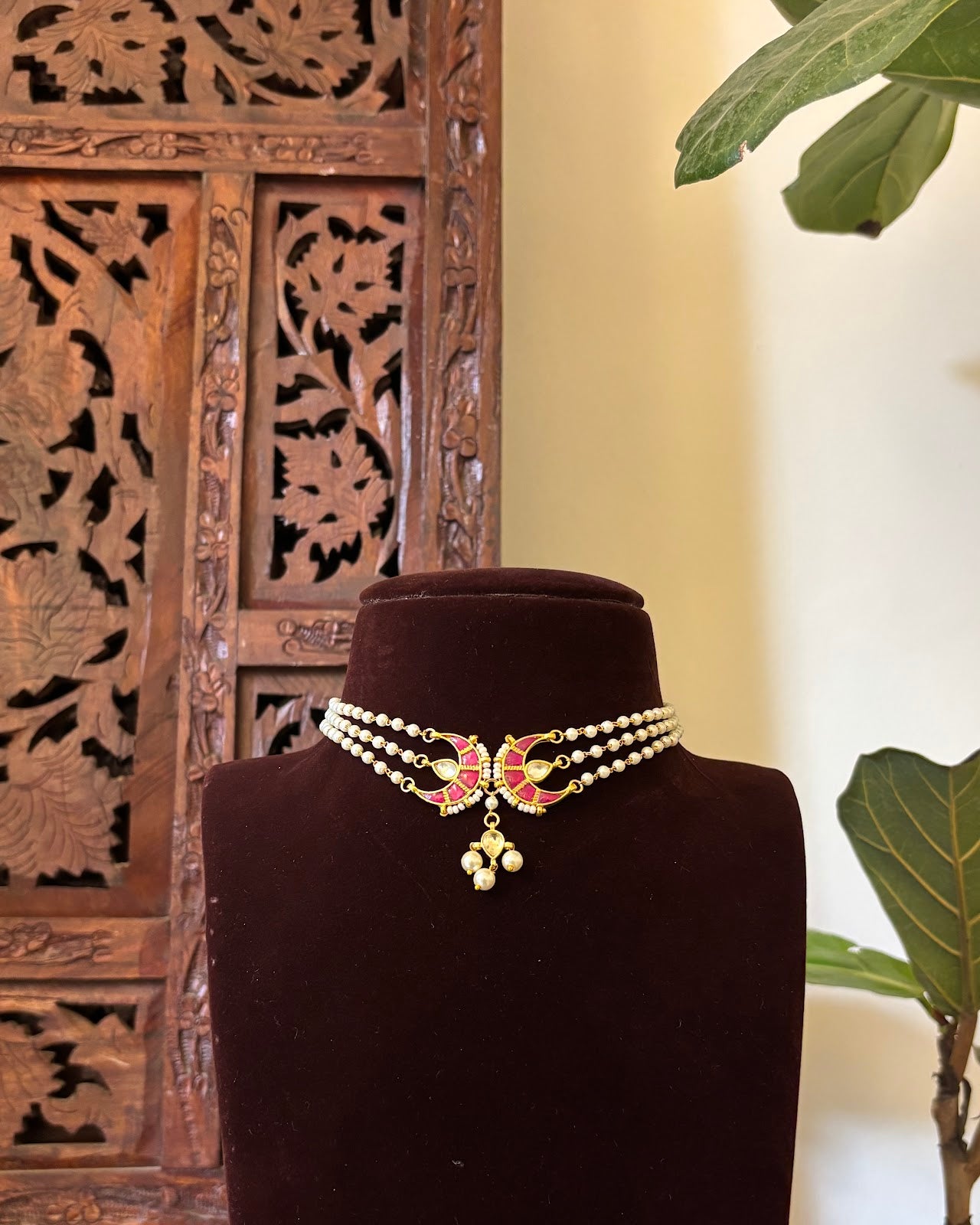 Classic Pearl Chand Choker with Earrings | Crescent Motif | Handmade Gold Plated | NC751