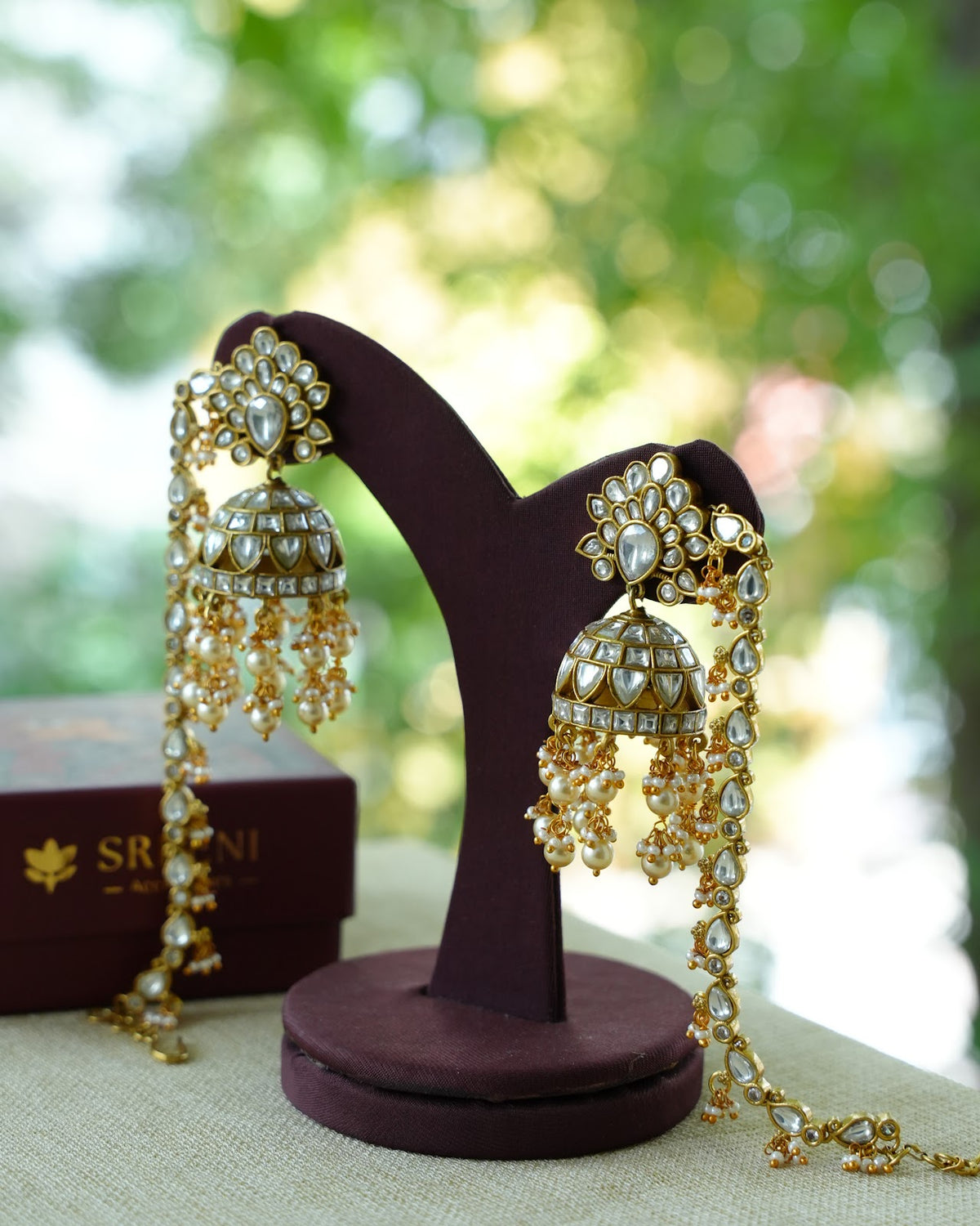 White Kundan Floral Earrings with Ear Chain | Handmade Gold Plated | ER514