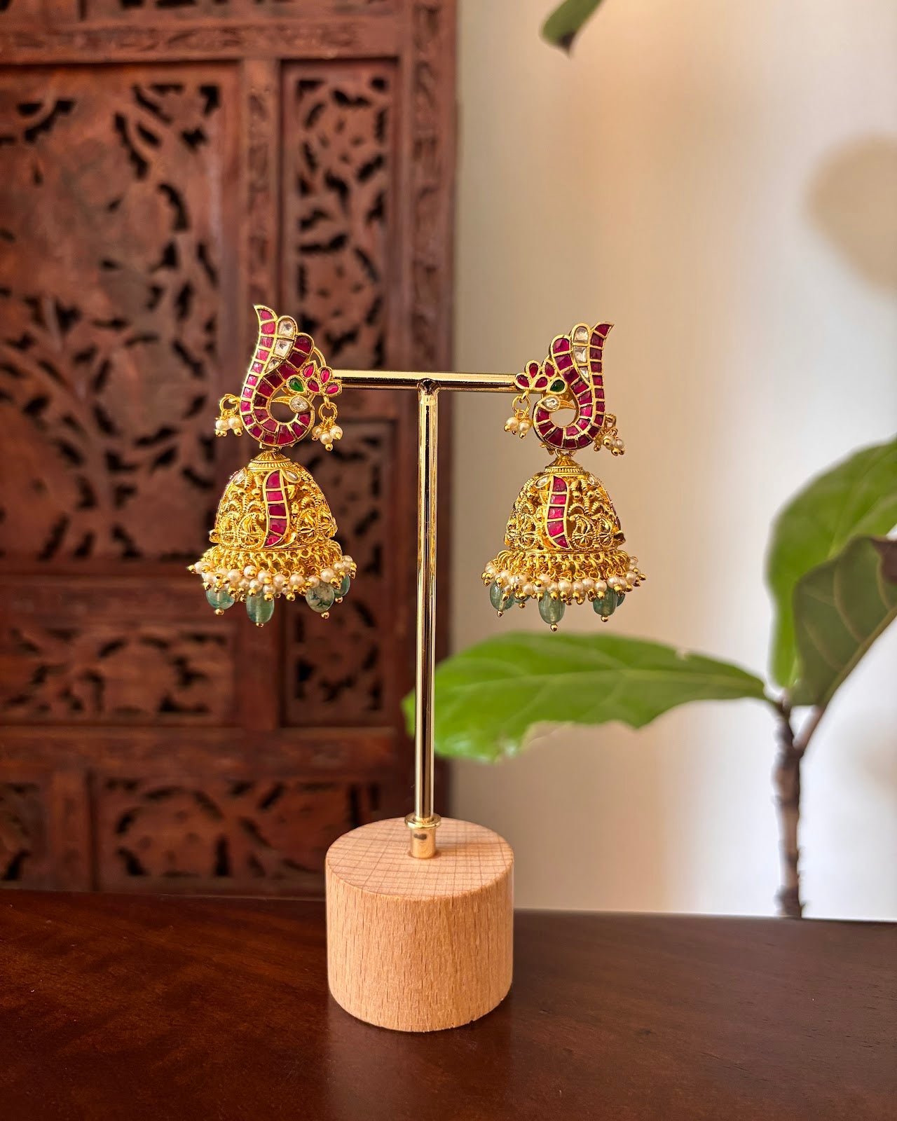 Peacock Jadau Kundan Jhumkas | Handmade Gold Plated | ER464