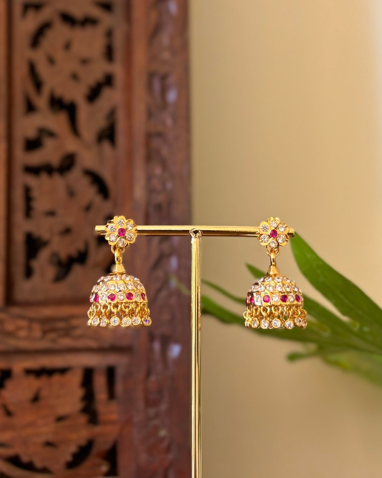 Vintage Impon Small Earrings | Classic Jhumkas | Ruby and White | Handmade Gold Tone | ER442