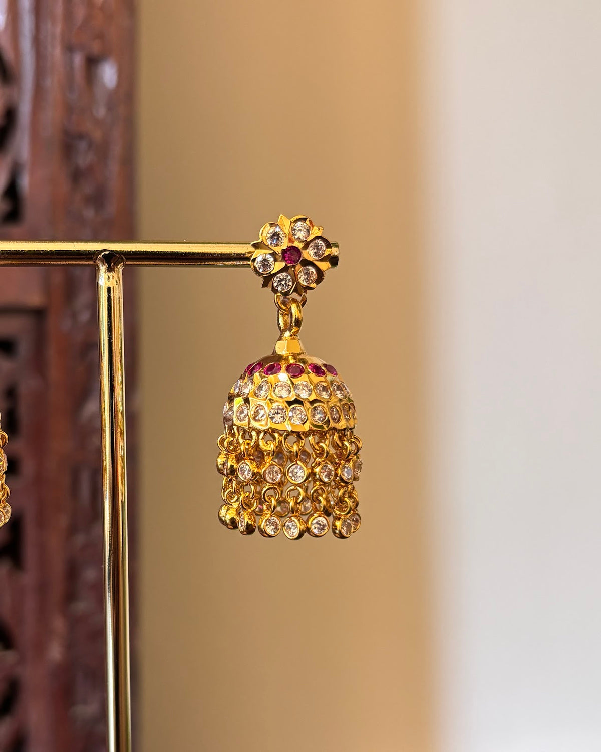 Vintage Impon Layered Stone Jhumkas | Ruby and White | Handmade Gold Tone | ER504