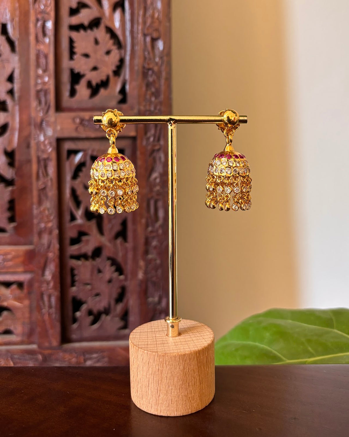 Vintage Impon Layered Stone Jhumkas | Ruby and White | Handmade Gold Tone | ER504