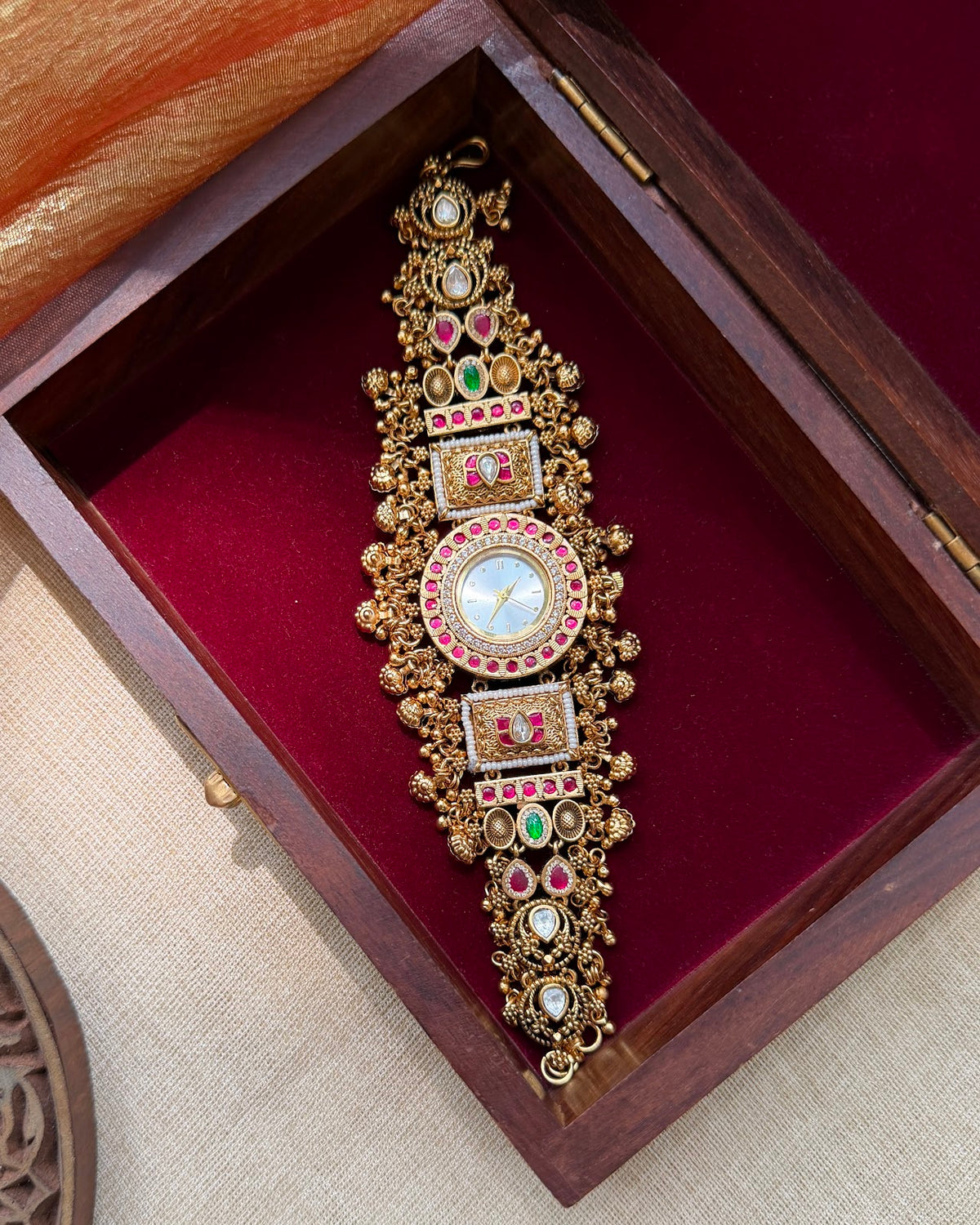 Lotus Motif Classic Jadau Kundan Designer Watch | Handmade Gold Plated | WA004
