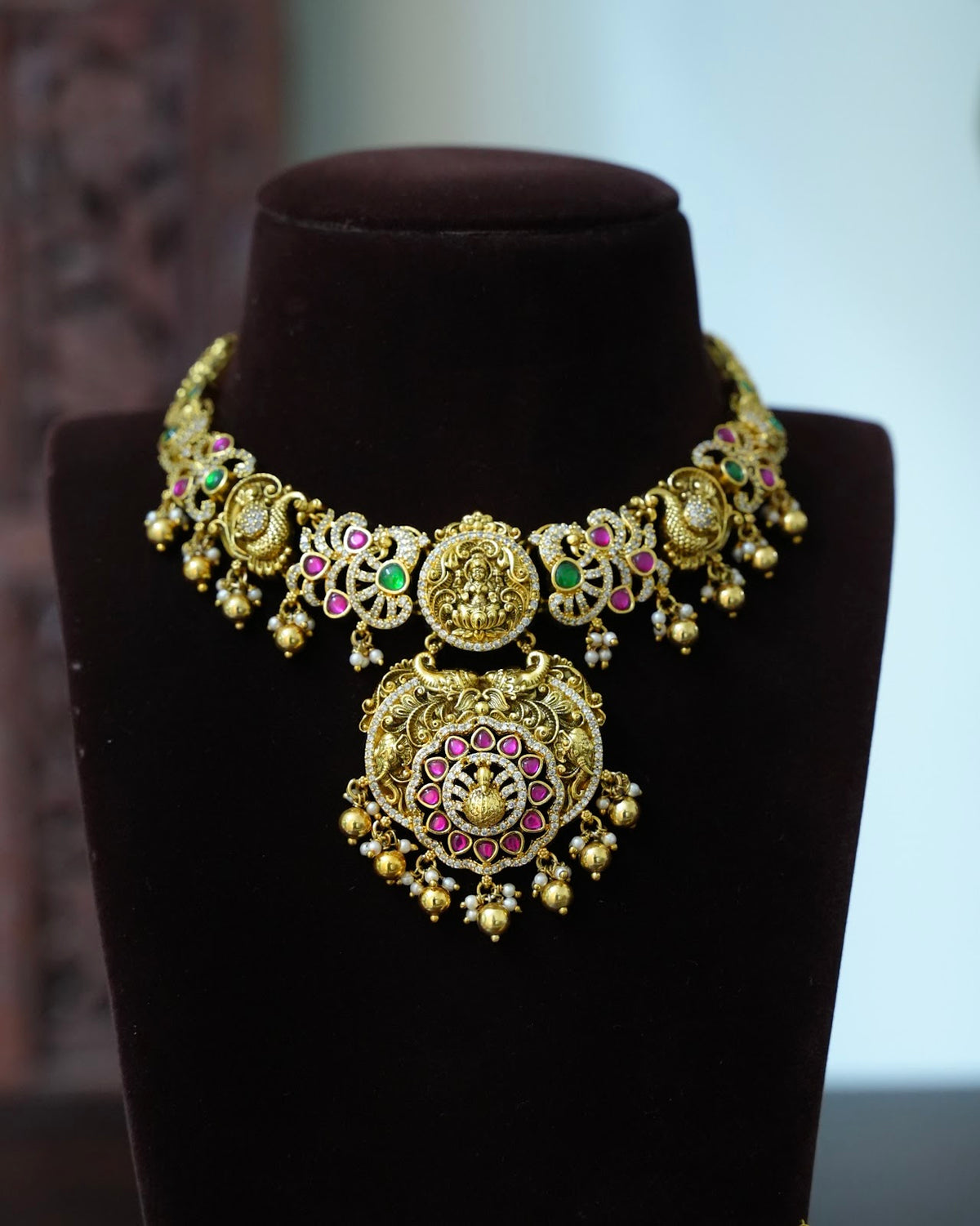 Multicolour Antique Gold Plated Lakshmi Choker Set with Earrings | NC939