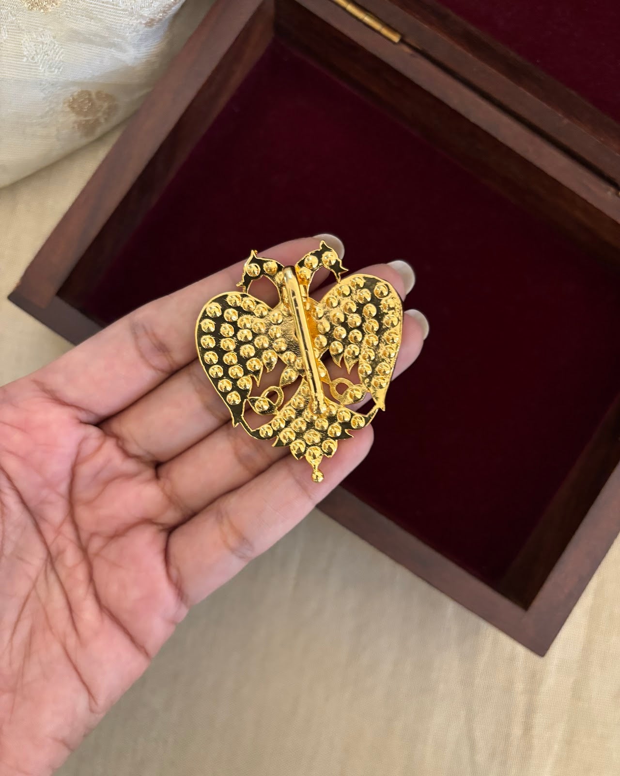 Traditional Peacock Pendant with Ruby Sparkle & Gold Finish