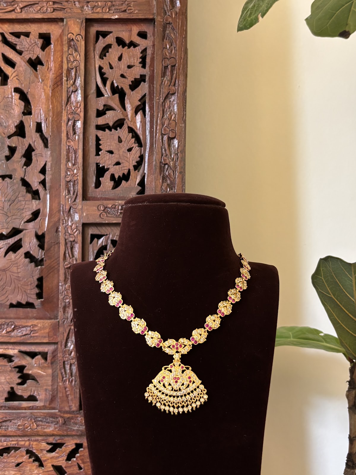 Vintage Impon Necklace with Earrings | Ruby & White | Handmade Gold Tone | NC760