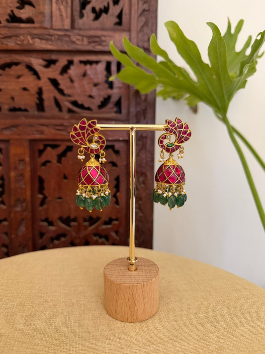 Ruby & Green Floral Peacock Jadau Kundan Jhumkas | ER411