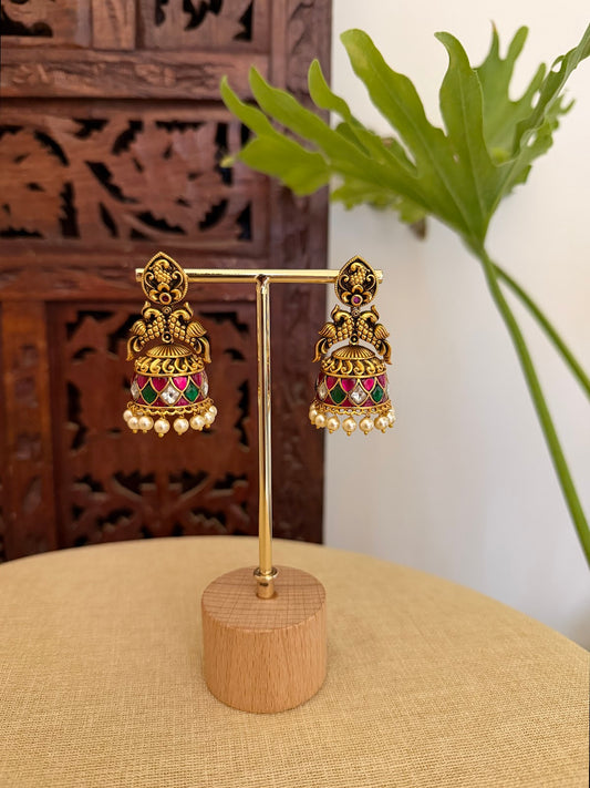 Multicolor Peacock Jadau Kundan Jhumkas With Pearl Hangings | ER416