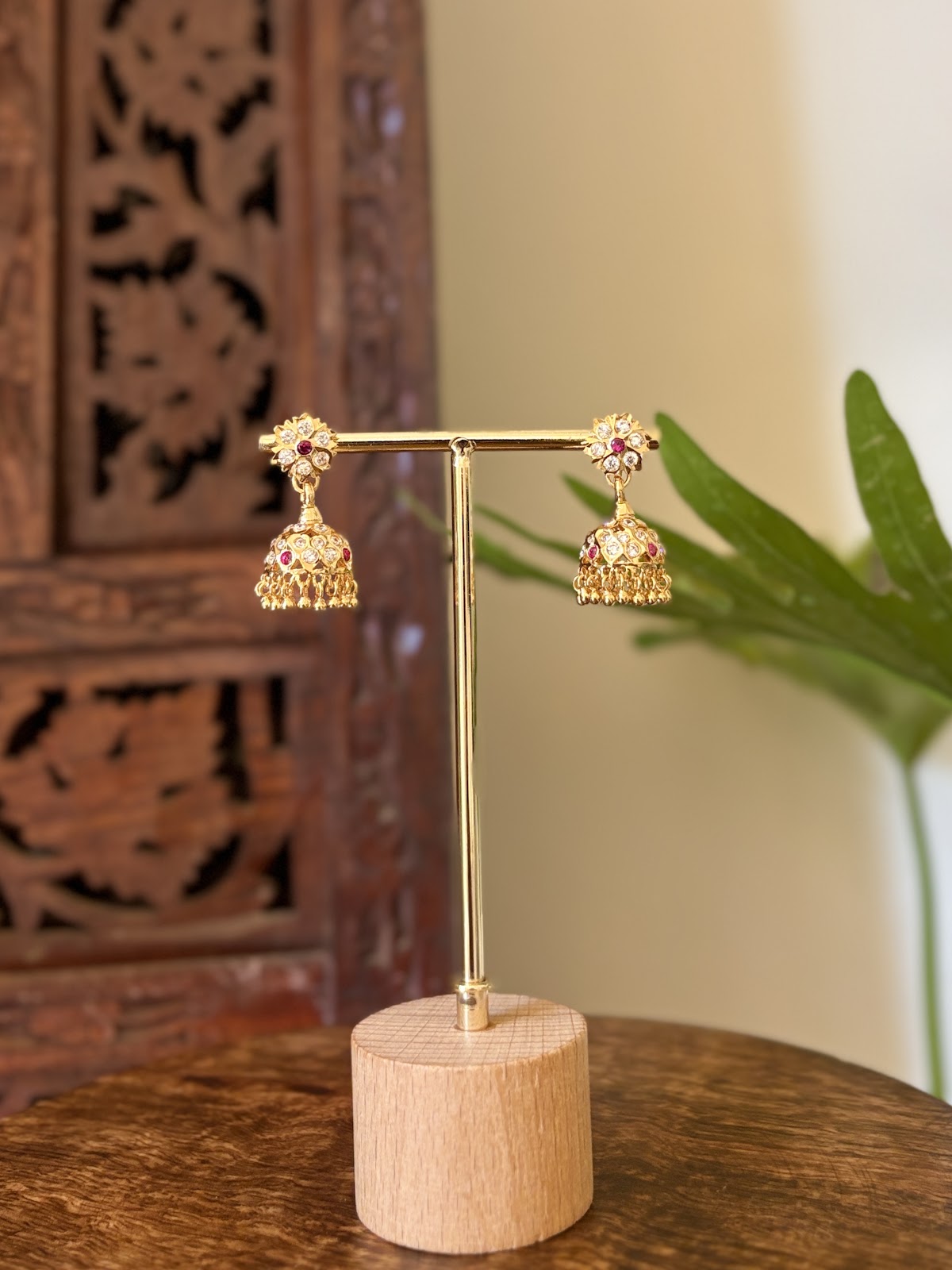Vintage Impon Small Earrings | Classic Jhumkas | Ruby and White | Handmade Gold Tone | ER443