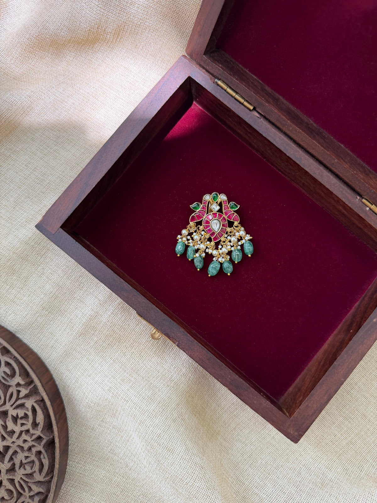 Peacock Multicolour Kundan Pendant | Handmade Jadau with Pearl Hanging | Handmade Gold Plated | HA396
