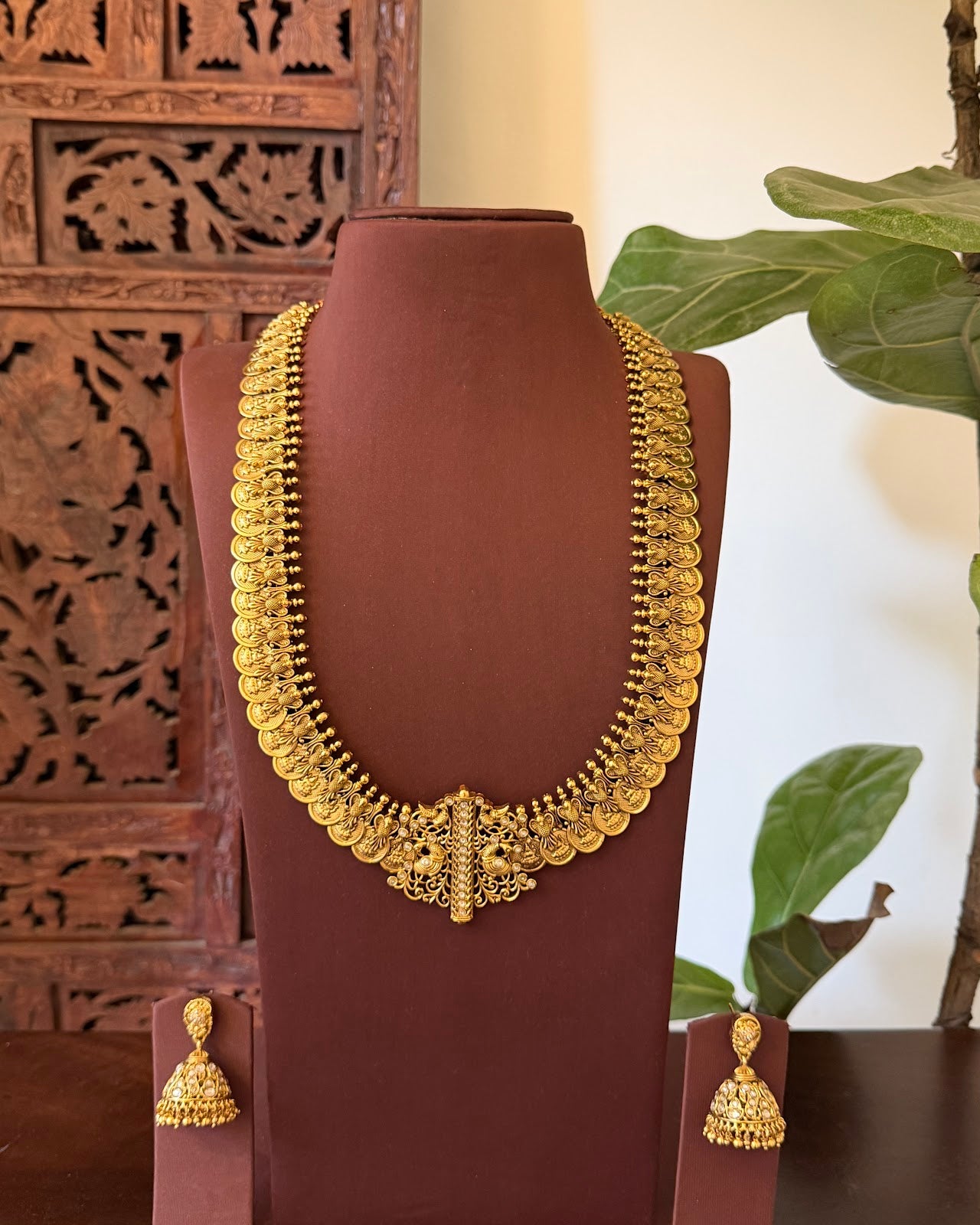 Antique Peacock Statement Kaasu Haram with Earrings | Handmade Gold Plated | NC838