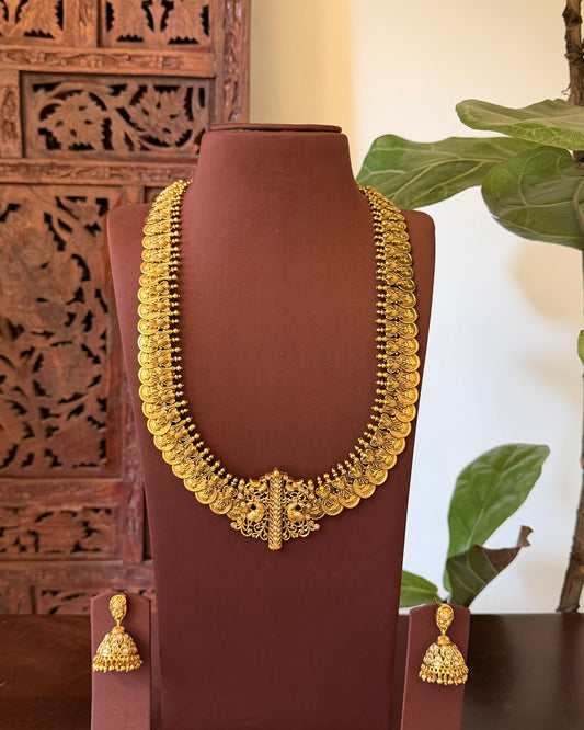 Antique Peacock Statement Kaasu Haram with Earrings | Handmade Gold Plated | NC838