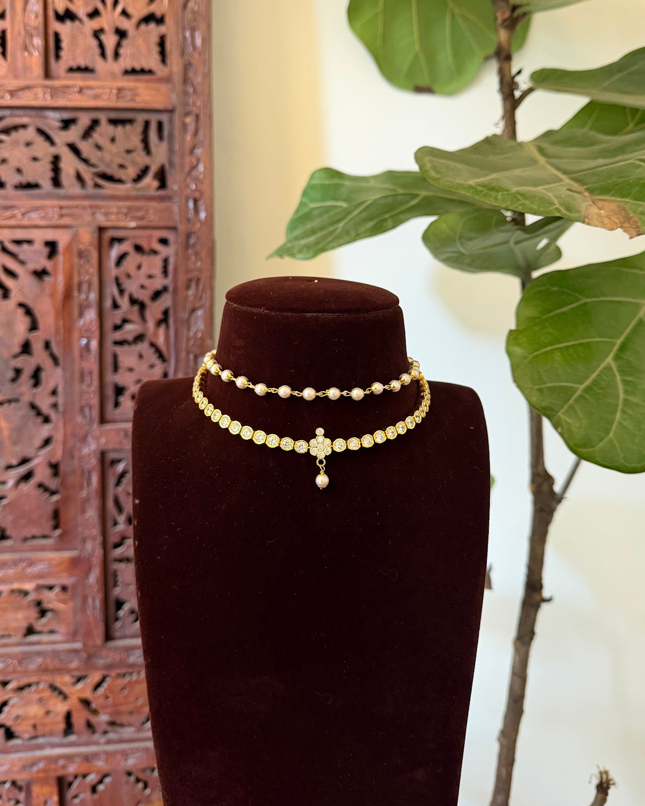 Layered Attigai Necklace with Earrings | Handmade Gold Tone | NC809