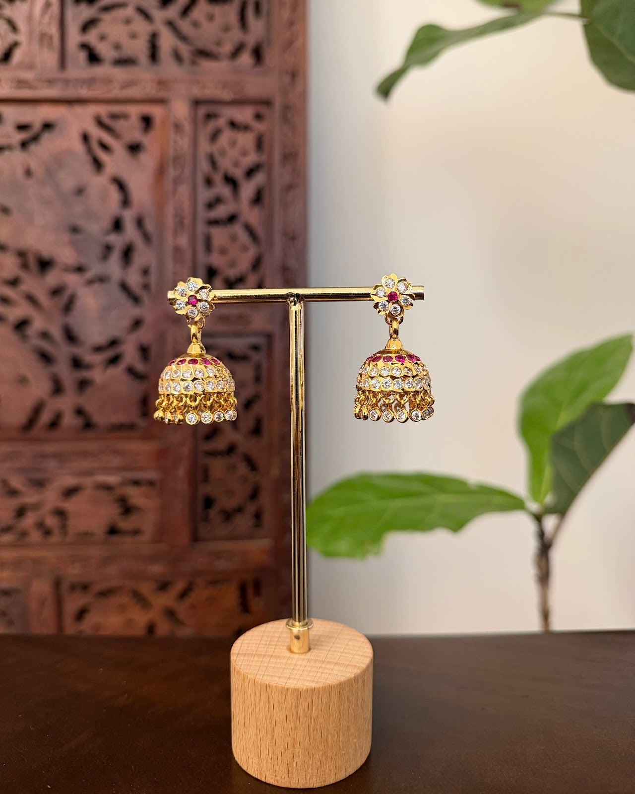 Vintage Impon Earrings | Ruby & White | Handmade Gold Tone | ER453
