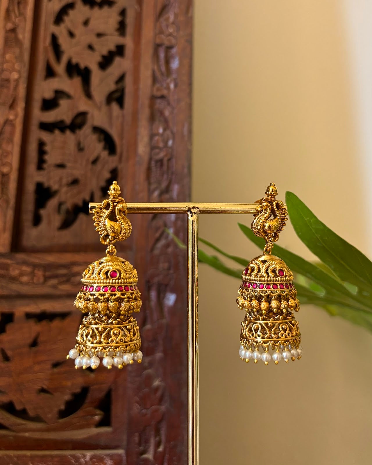 Traditional Antique Peacock Layered Jhumkas | Ruby & White | Handmade Gold Plated | ER445