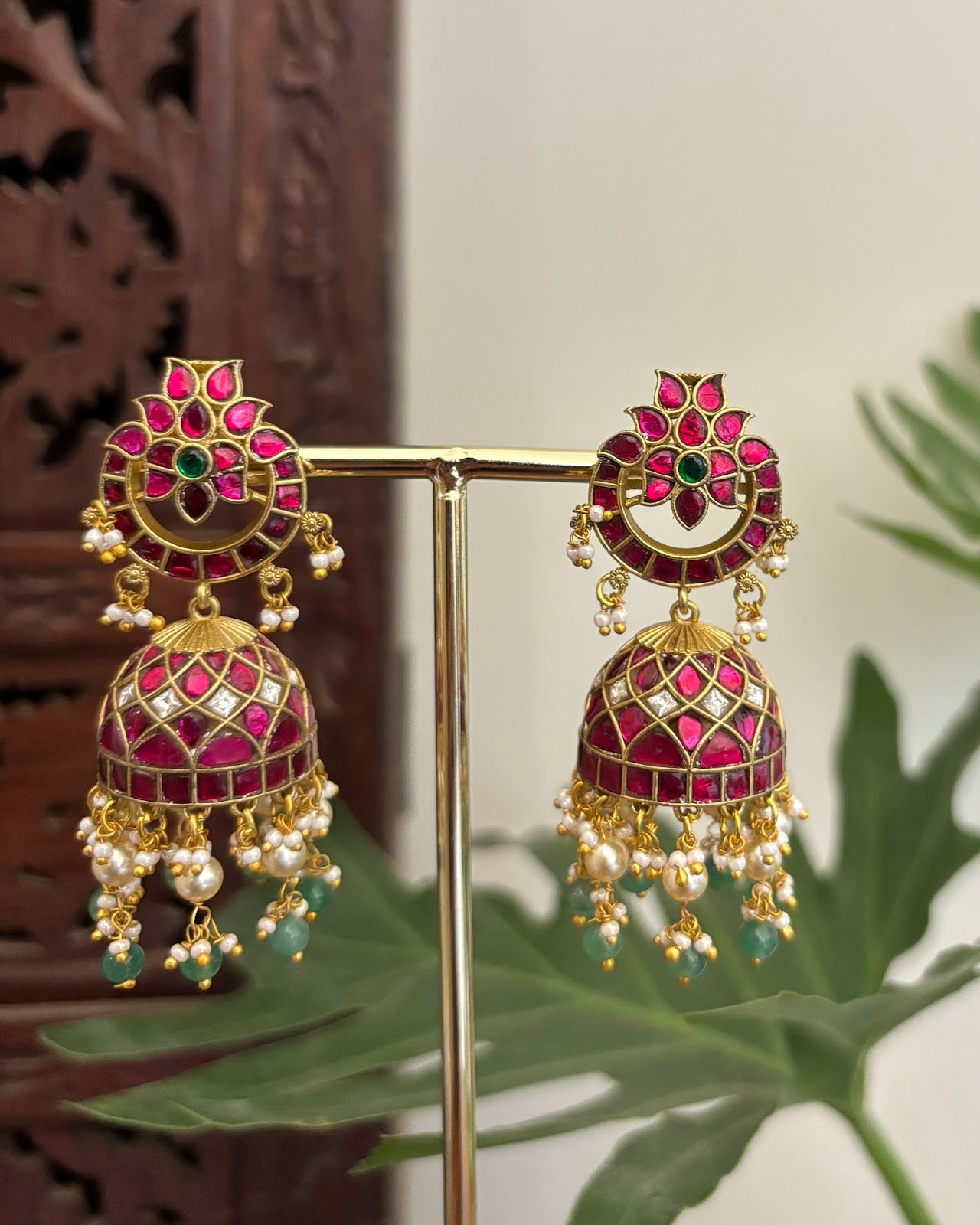 Multicolor Floral Jadau Kundan Jhumkas with Pearl Hangings ER398