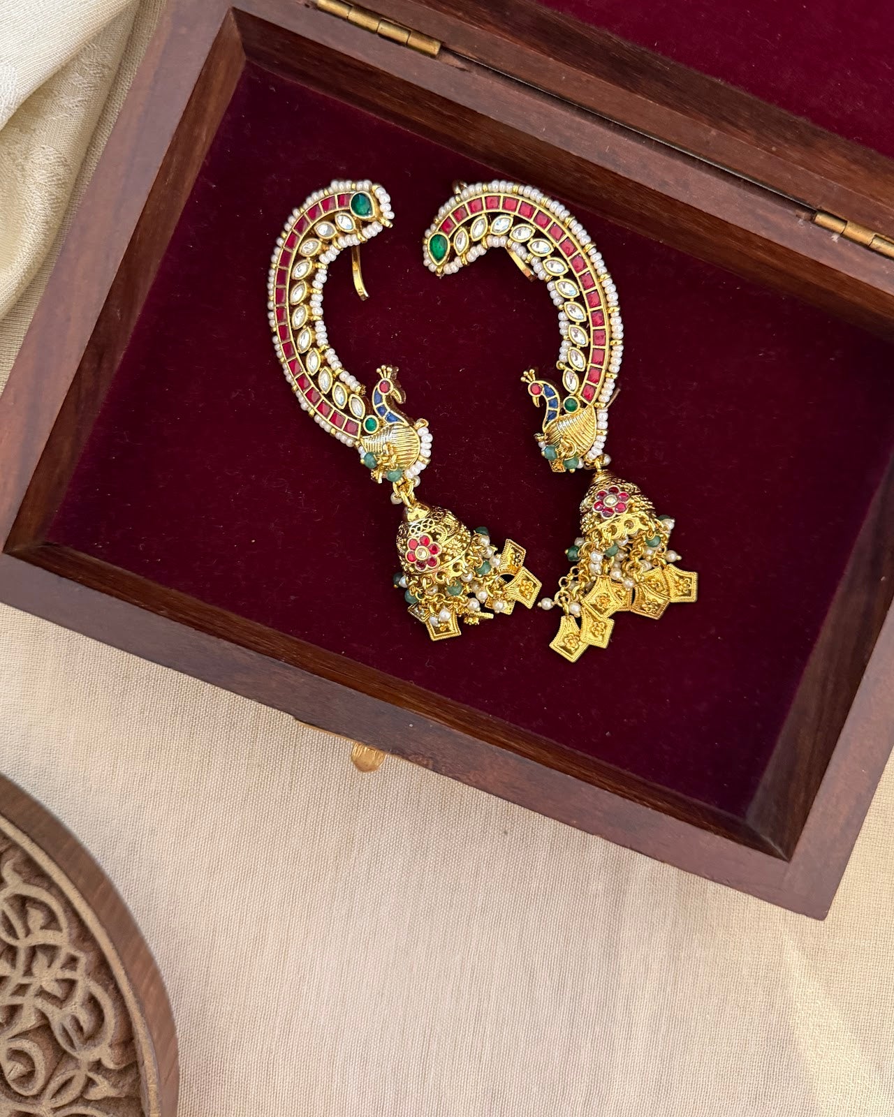 Royal Peacock Kundan Ear Cuff Jhumkas MultiColour ER405