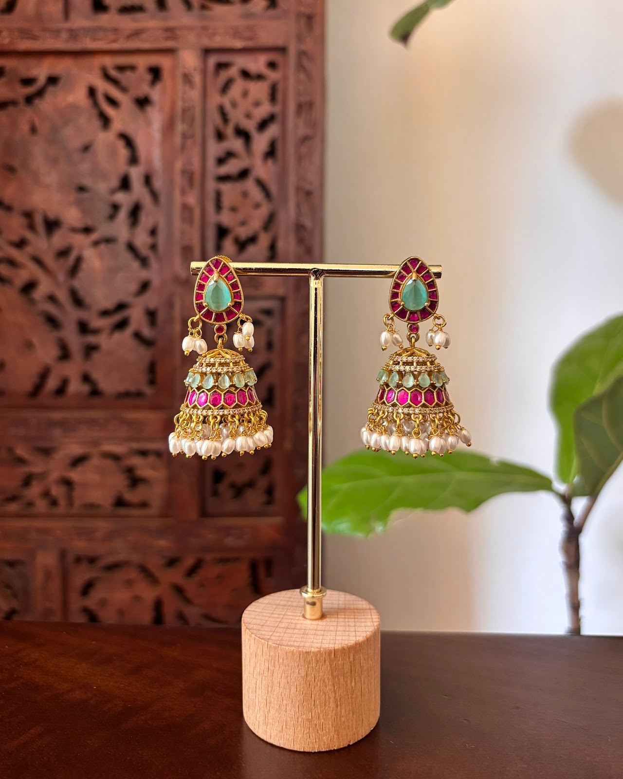 Statement Blue Pink Jadau Jhumkas | Handmade Gold Plated | ER463