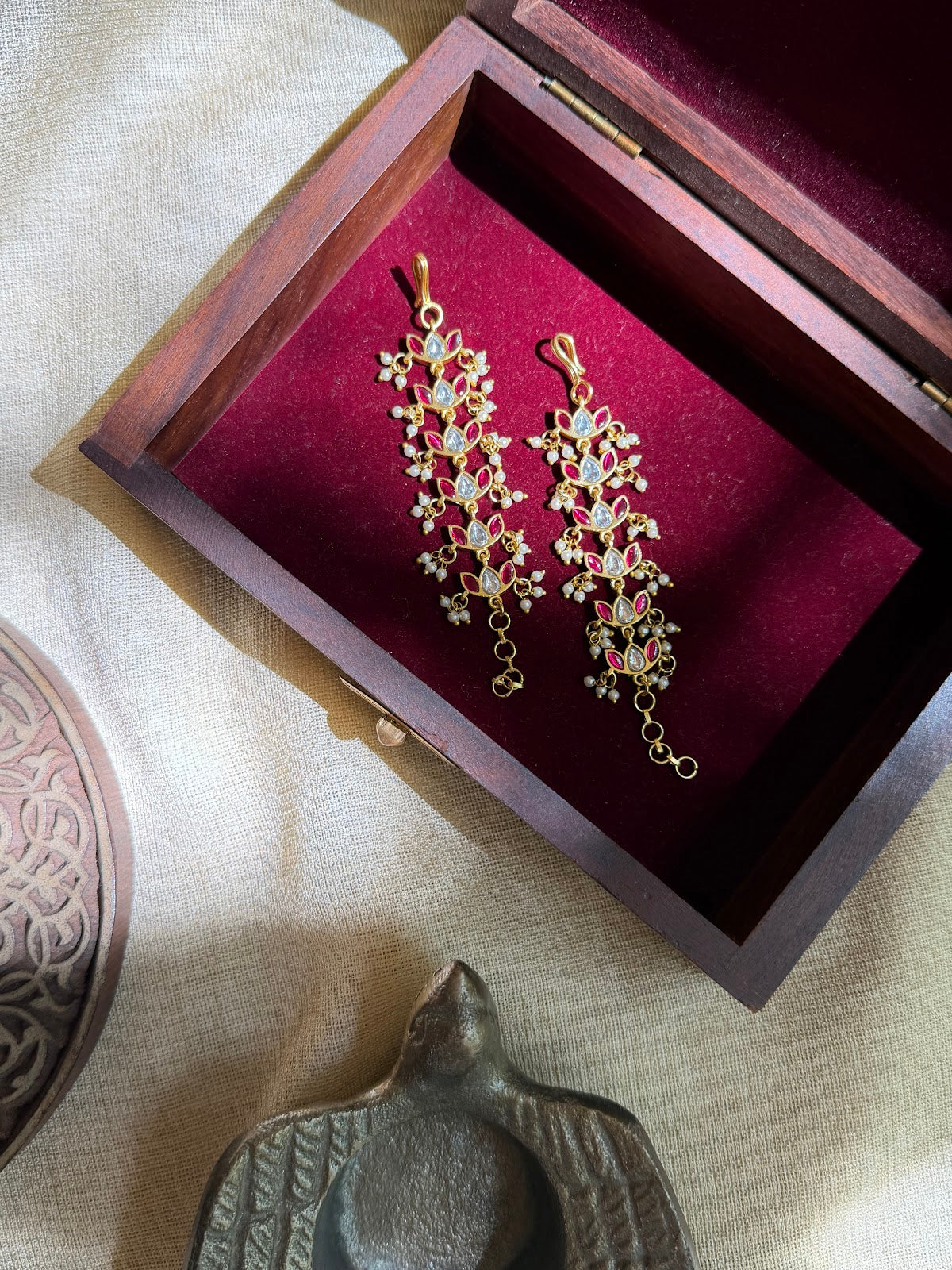 Floral Kundan Straight Ear Chain | Handmade Gold Plated | EC234