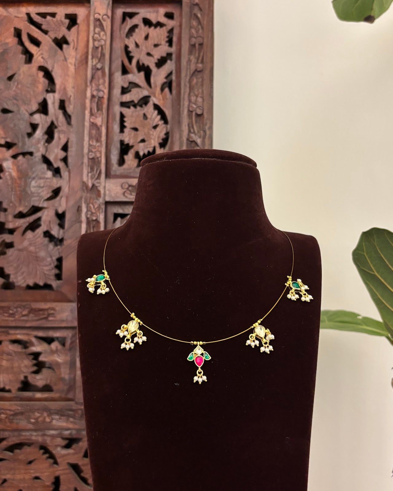 Jadau Kundan Invisible Chain Necklace with Earrings | Multicolor | Handmade Gold Plated | NC742