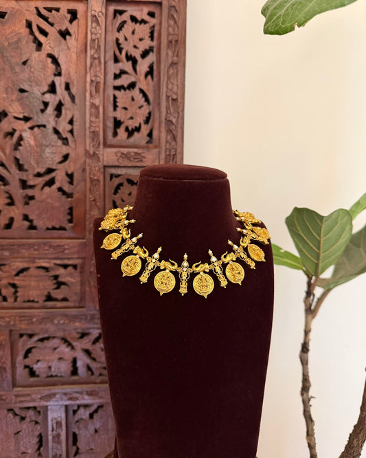 Antique Lakshmi Elephant Kaasu Necklace with Earrings | Handmade Gold Plated | NC737
