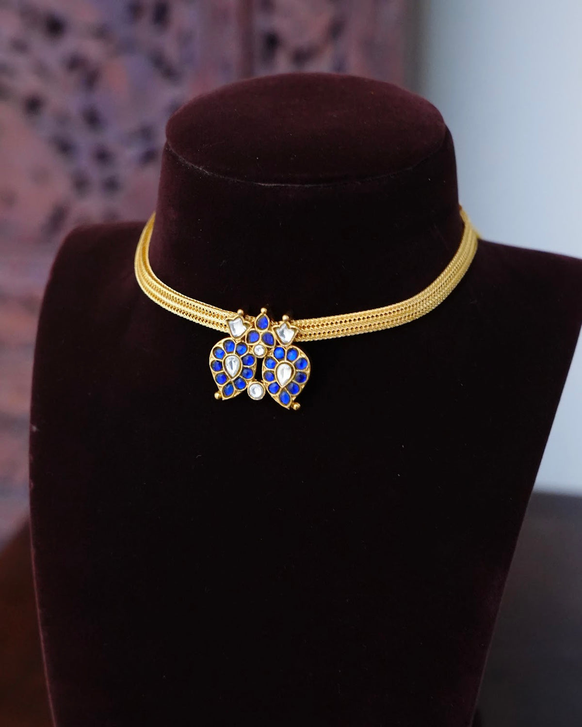 2-in-1 Jadau Kundan Mango Chain Choker | White & Blue | Handmade Gold Plated | NC932