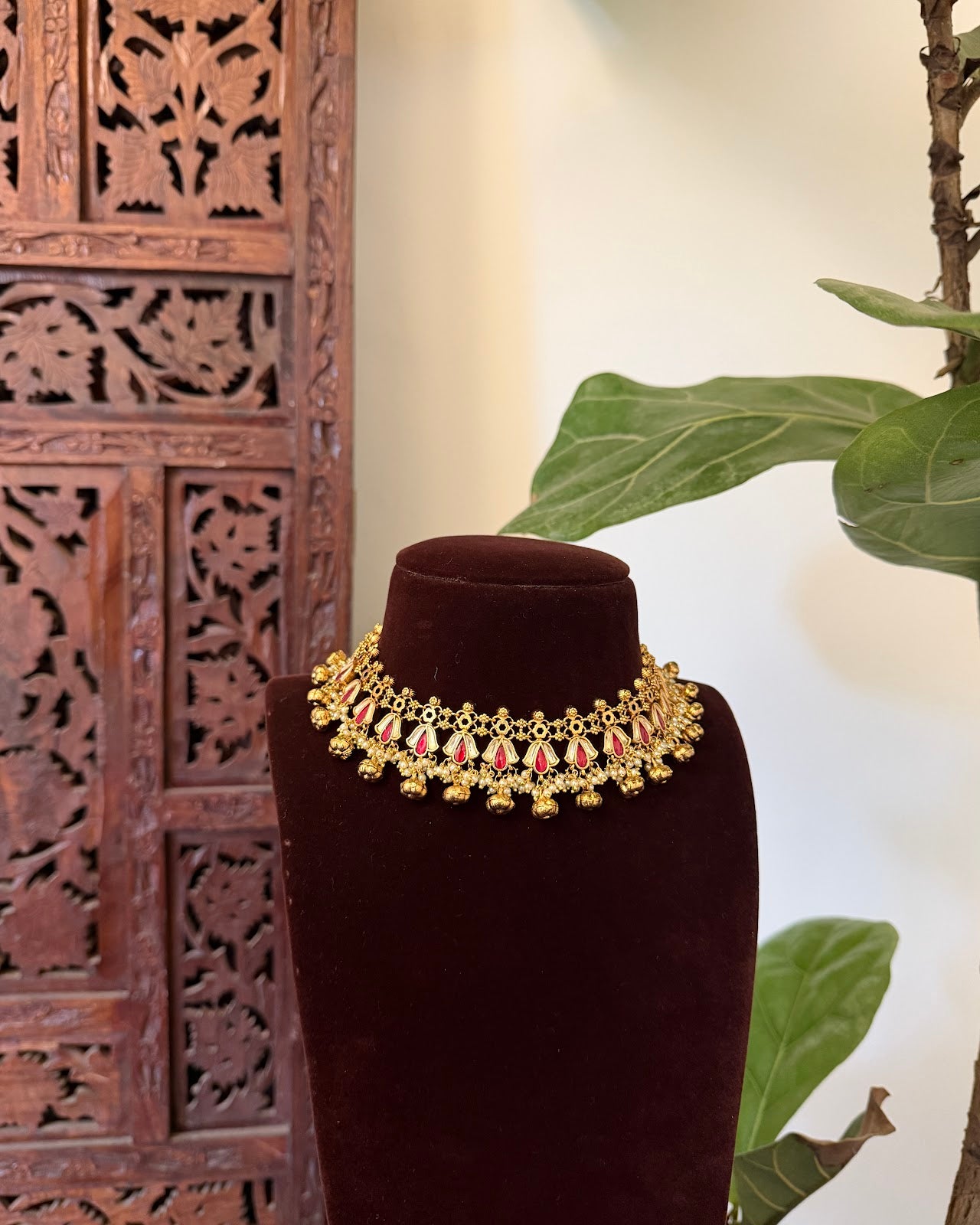 Floral Kundan Necklace with Earrings | Ruby & White | Handmade Gold Plated | NC846