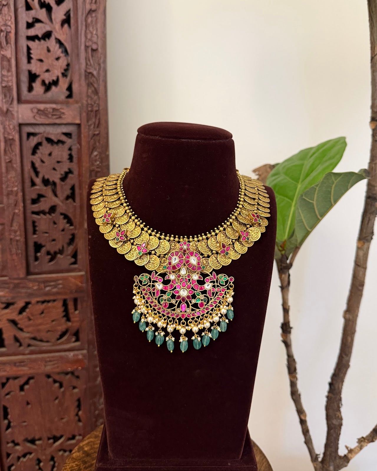 The Traditional Kaasu Edit: Regal Jadau Kundan Matte Finish Necklace | Handmade Gold Plated | NC779