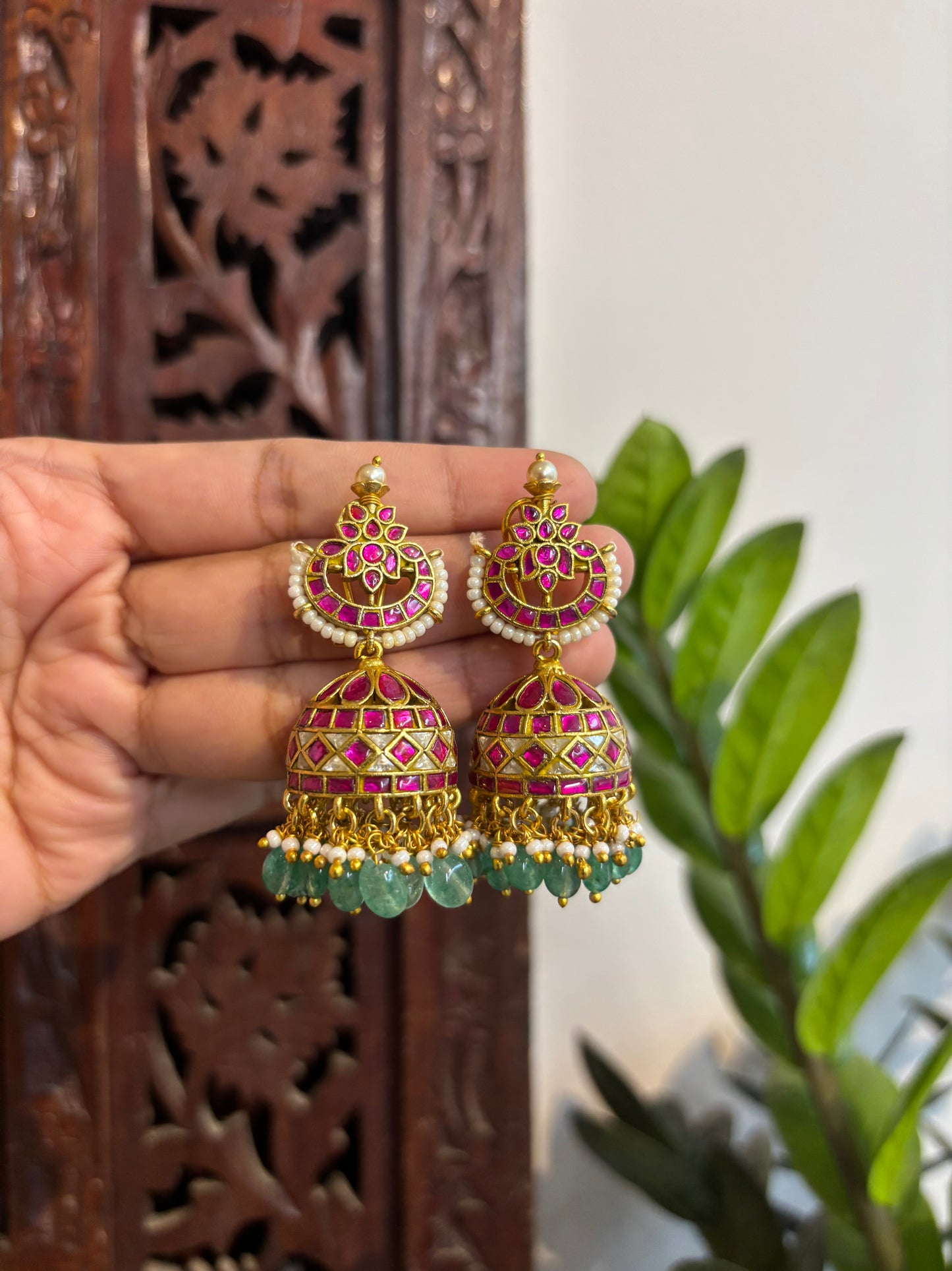 Multicolor Floral Jadau Kundan Jhumkas with Pearl Hangings | ER155