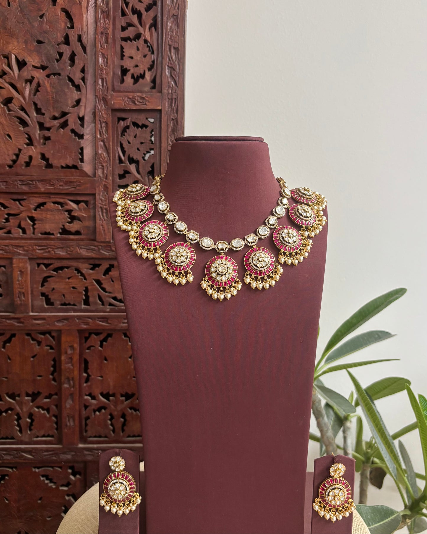 Handcrafted Kundan Necklace With Pearl Hangings – With Earrings | Ruby & White | NC542