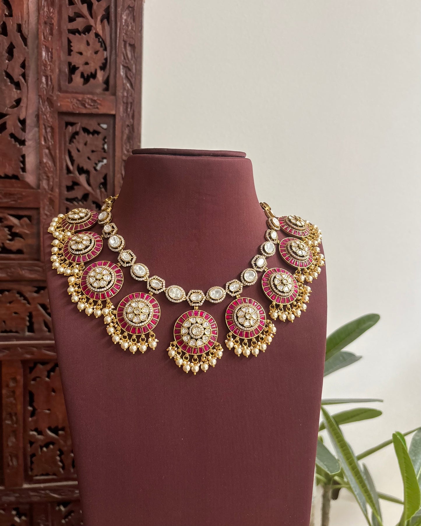 Handcrafted Kundan Necklace With Pearl Hangings – With Earrings | Ruby & White | NC542