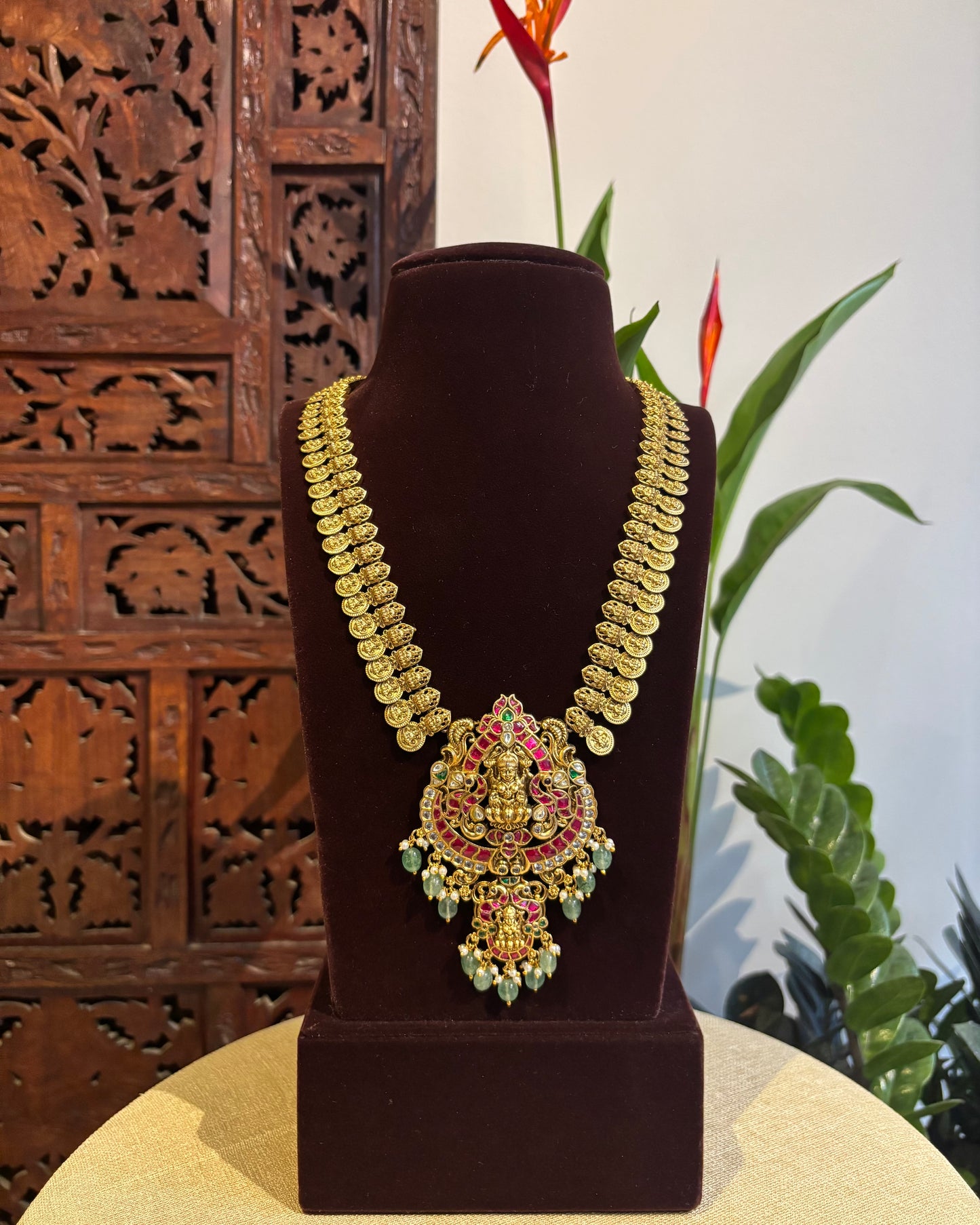 Lakshmi & Floral Kaasu Haram with Kundan Detailing & Matching Jhumkas | NC185