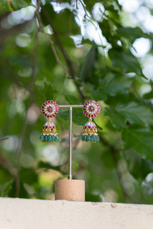 Multicolor Floral Jadau Kundan Jhumkas with Pearl Hangings | ER339
