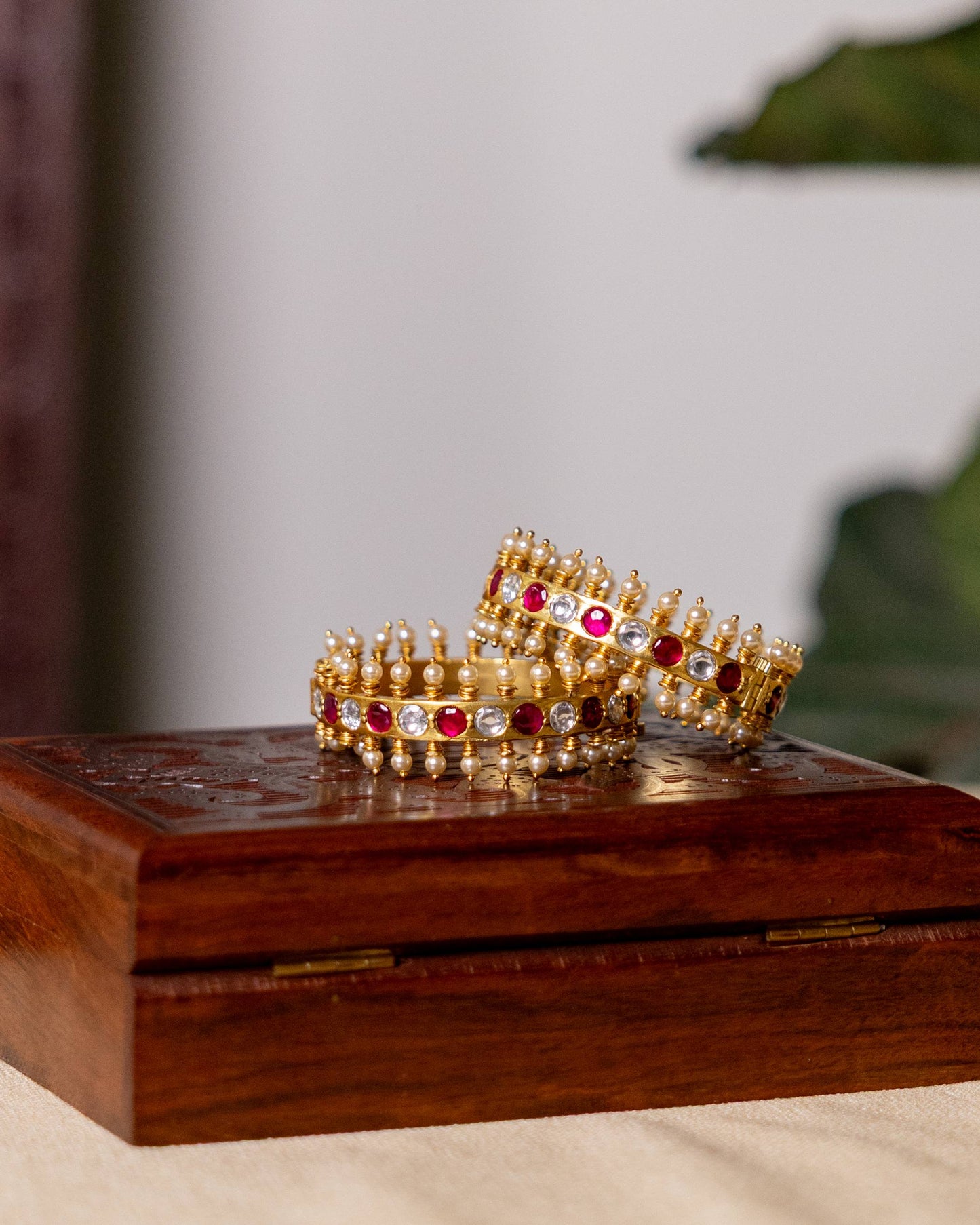 Jadau Kundan Gold Plated Bangles — Ruby & White With Pearl Detailing | BA098 | BA099