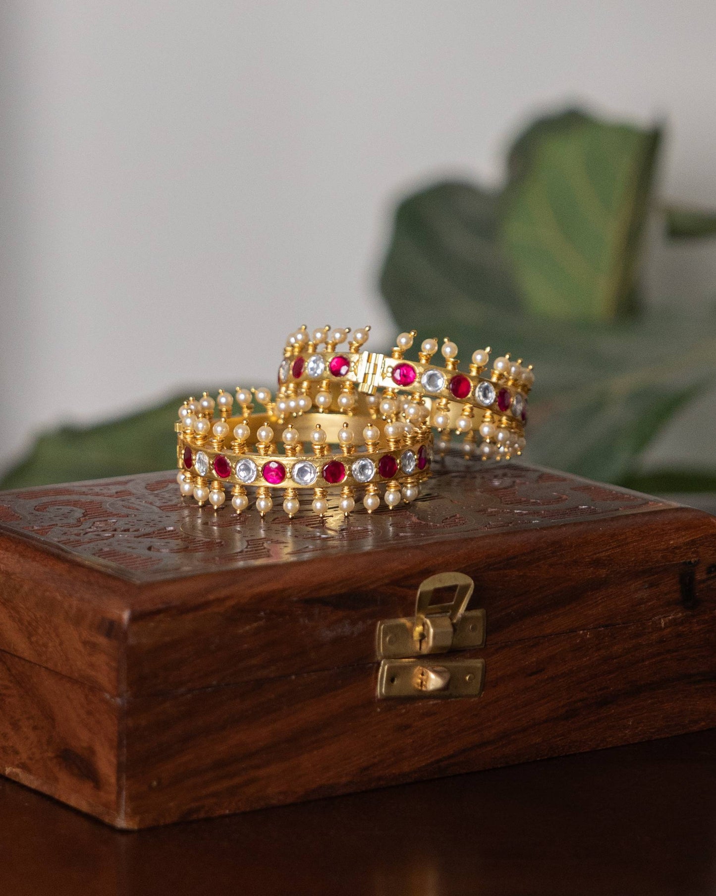 Jadau Kundan Gold Plated Bangles — Ruby & White With Pearl Detailing | BA098 | BA099
