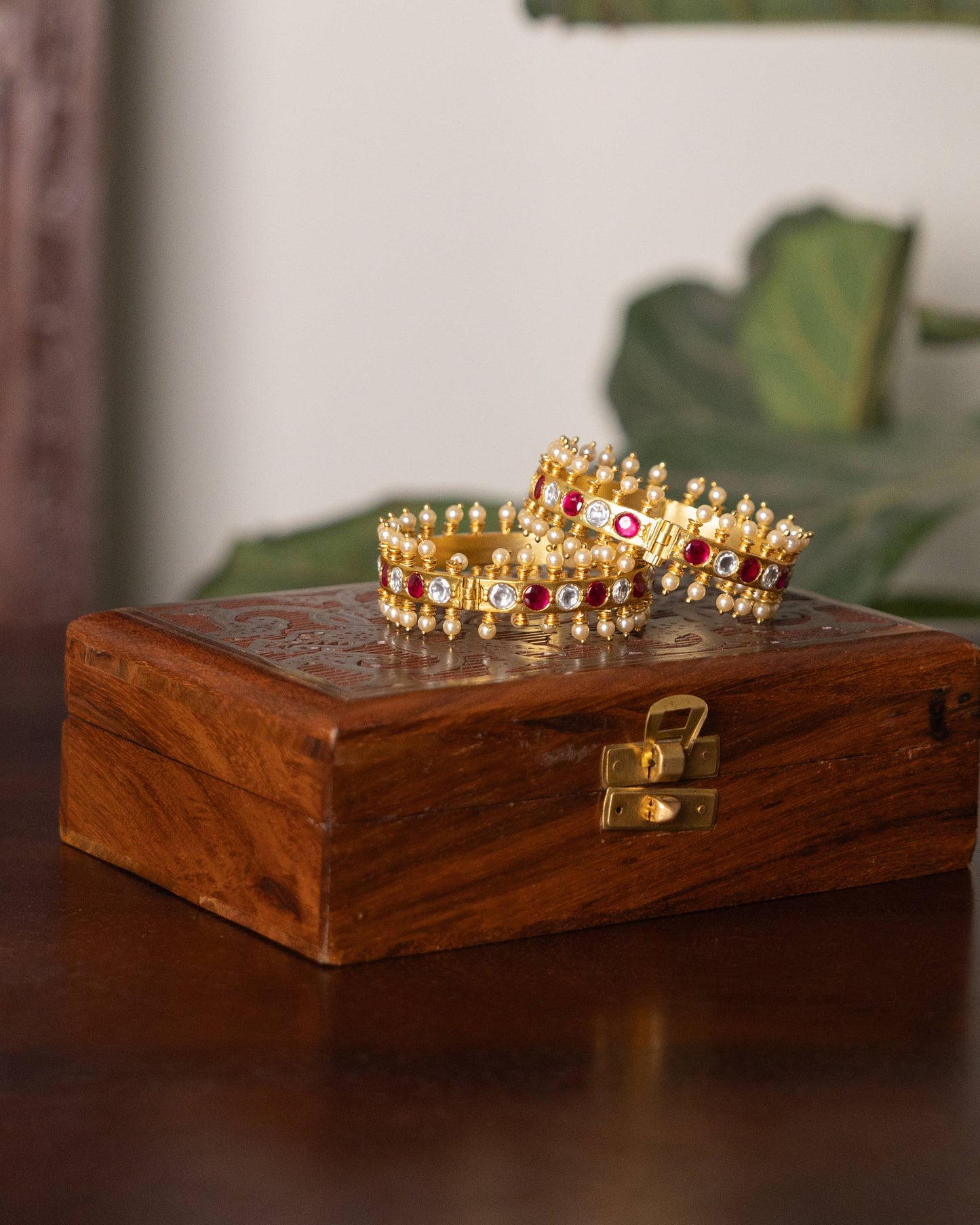 Jadau Kundan Gold Plated Bangles — Ruby & White With Pearl Detailing | BA098 | BA099
