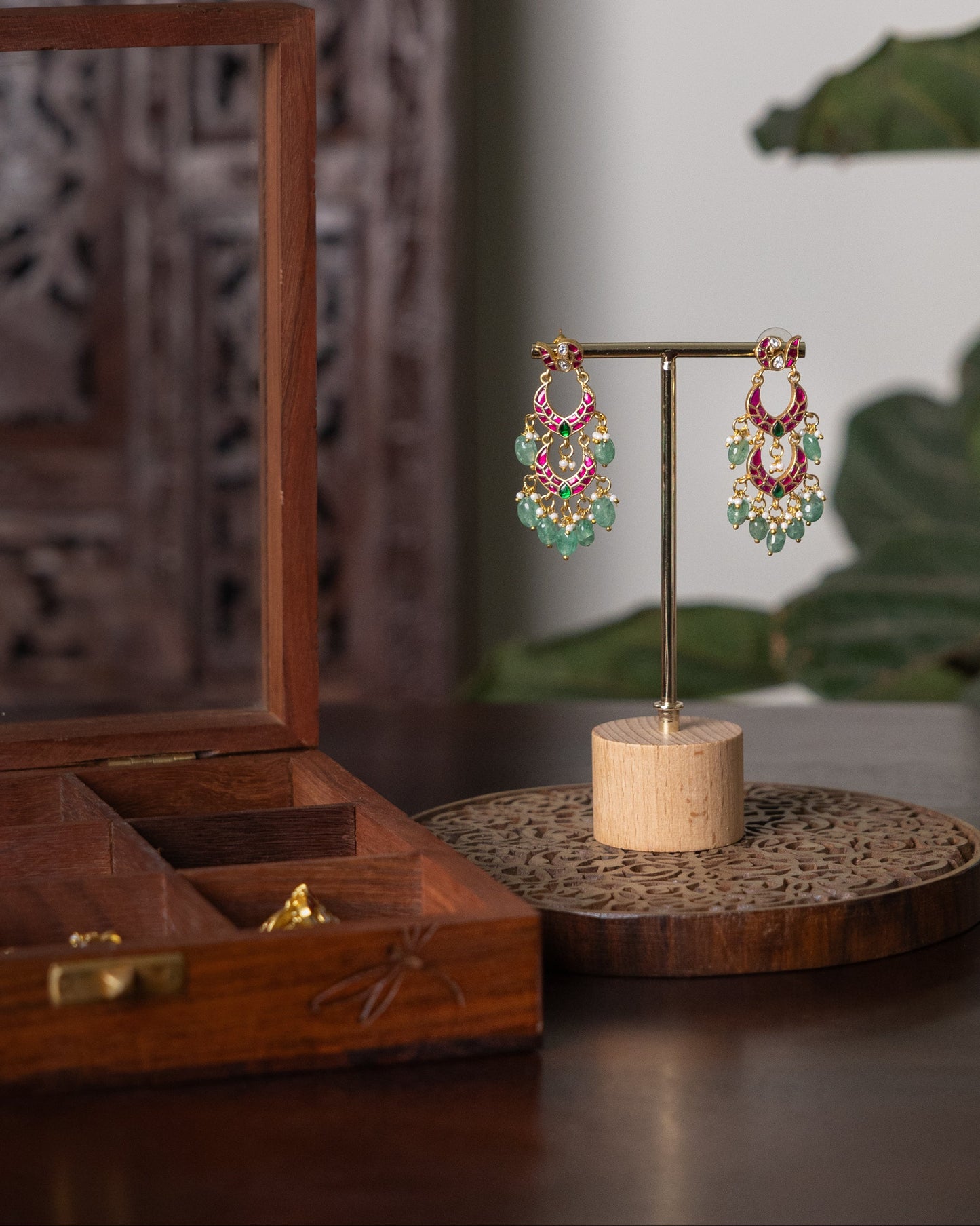 Bridal Jadau Kundan Peacock Chandbali Earrings with Pearls & Strawberry Beads | ER373