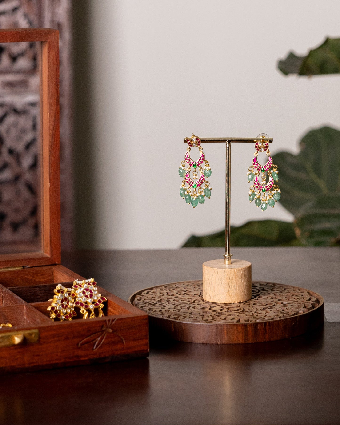 Bridal Jadau Kundan Peacock Chandbali Earrings with Pearls & Strawberry Beads | ER373